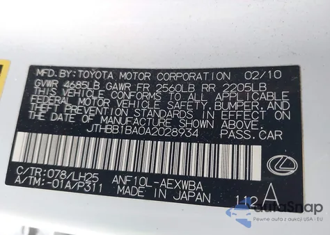 2010 Lexus Hs 250H Premium from USA, damaged, VIN JTHBB1BA0A2028934